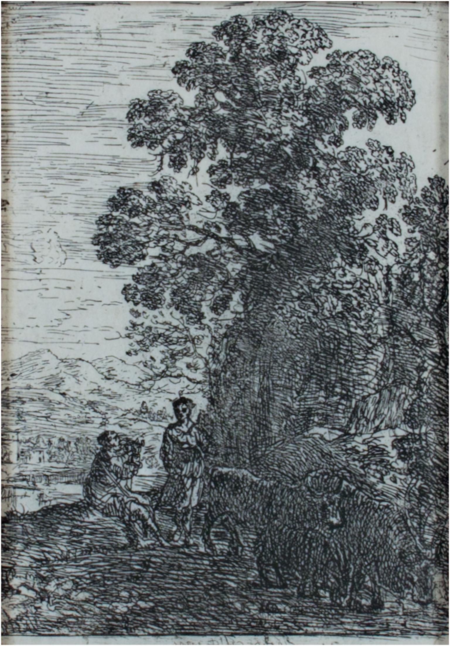 Claude Lorrain Landscape Print - 17th century etching black and white landscape forest trees figures scene