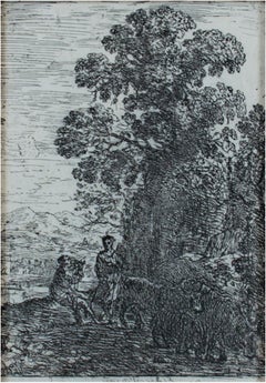 Antique 17th century etching black and white landscape forest trees figures scene