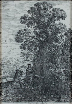 Grabado del siglo XVII en blanco y negro paisaje bosque árboles figuras escena