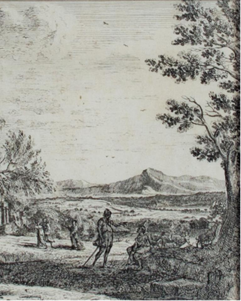 17th century etching black and white landscape forest trees river figures scene - Print by Claude Lorrain