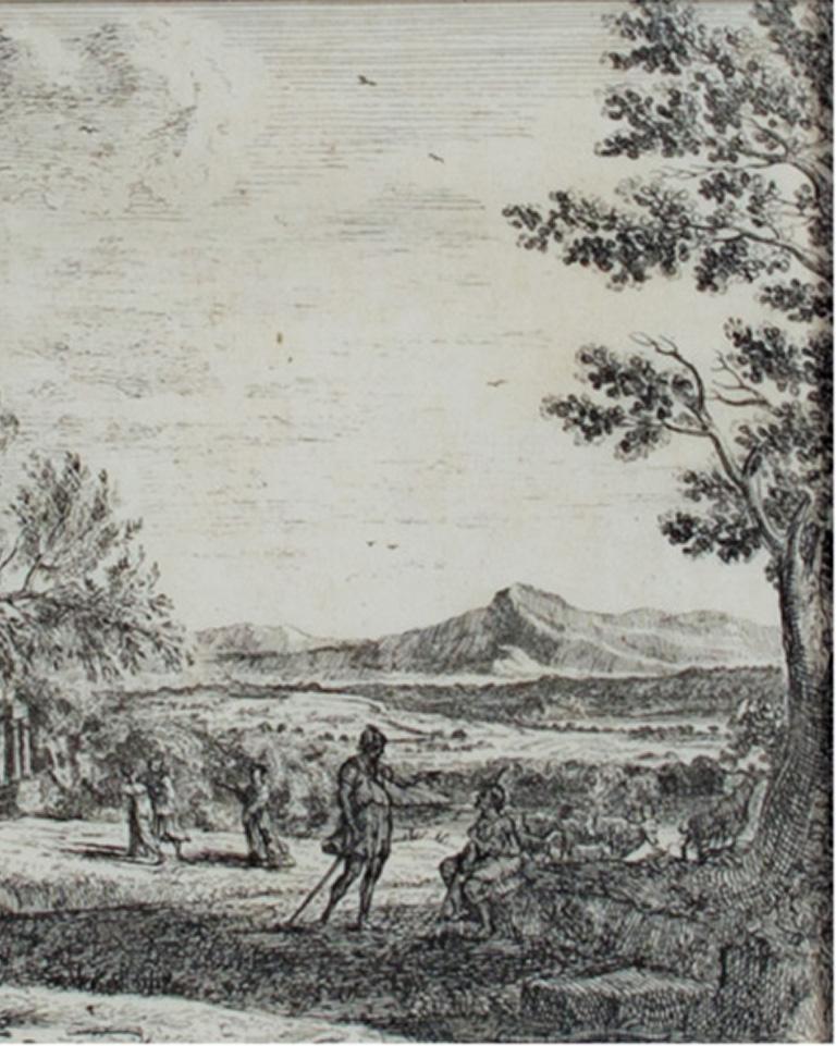 Grabado al aguafuerte en blanco y negro del siglo XVII paisaje bosque árboles río escena figuras - Print de Claude Lorrain