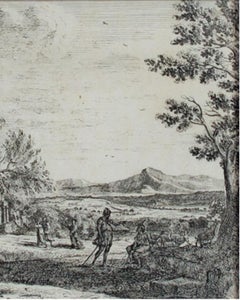 17th century etching black and white landscape forest trees river figures scene
