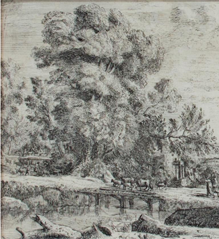 17th century etching black and white landscape forest trees river figures scene - Old Masters Print by Claude Lorrain