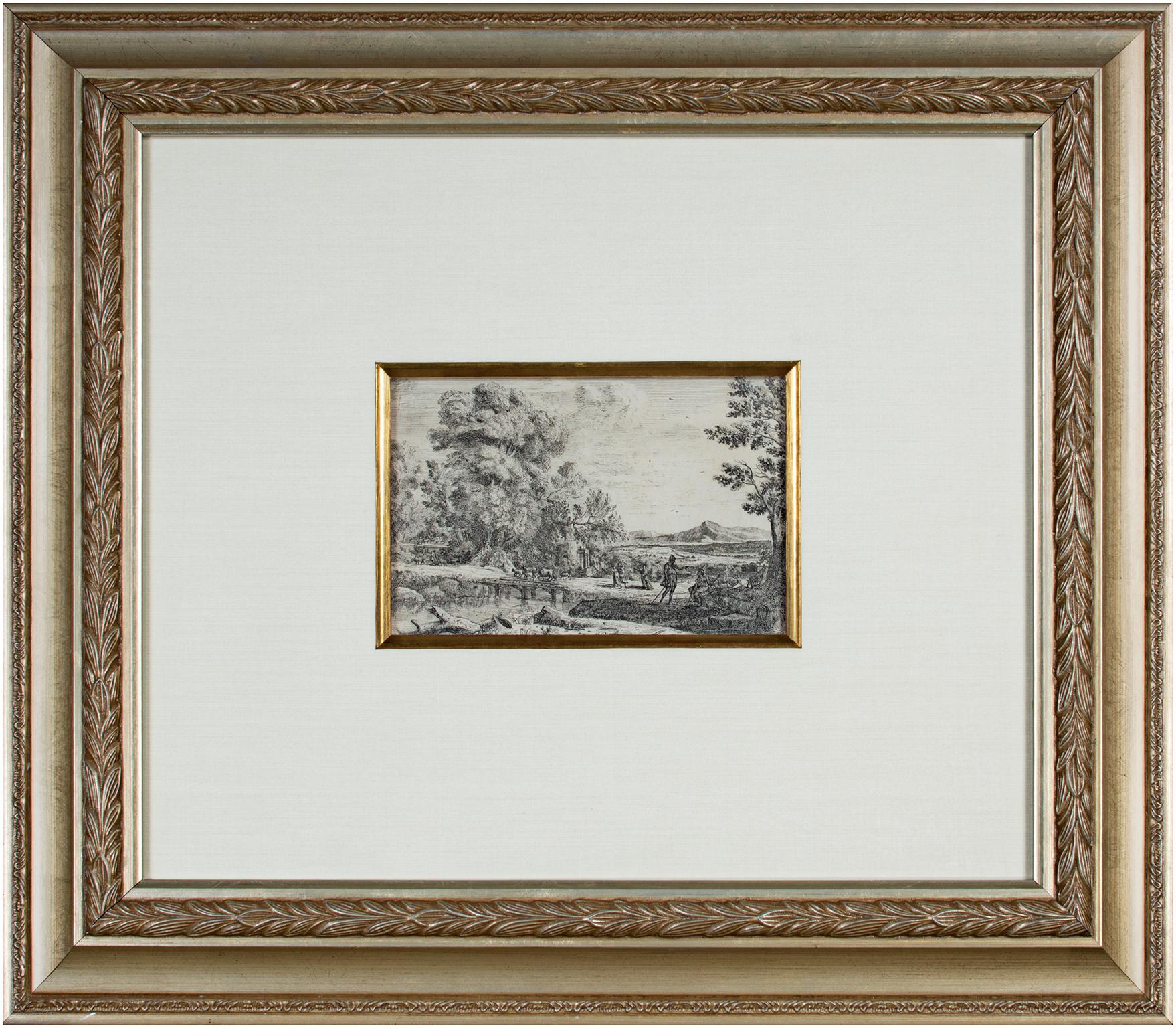 Grabado al aguafuerte en blanco y negro del siglo XVII paisaje bosque árboles río escena figuras - Landscape Print Gris de Claude Lorrain