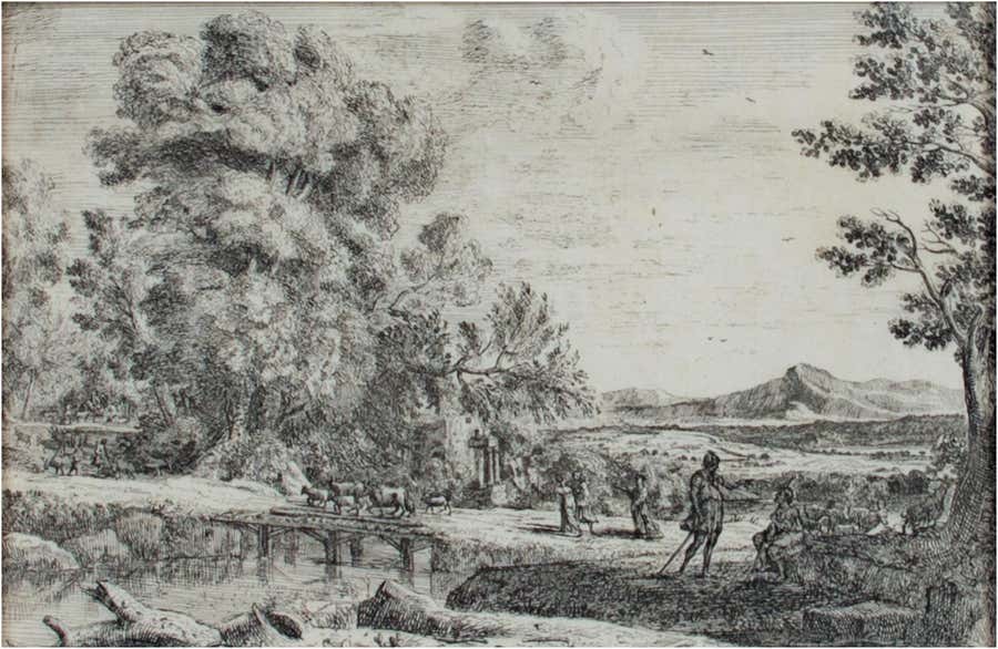 17th century etching black and white landscape forest trees river figures scene