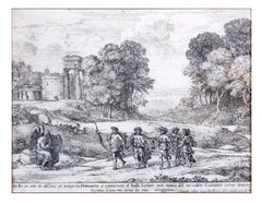 17th century etching black and white landscape scene forest trees figures sky