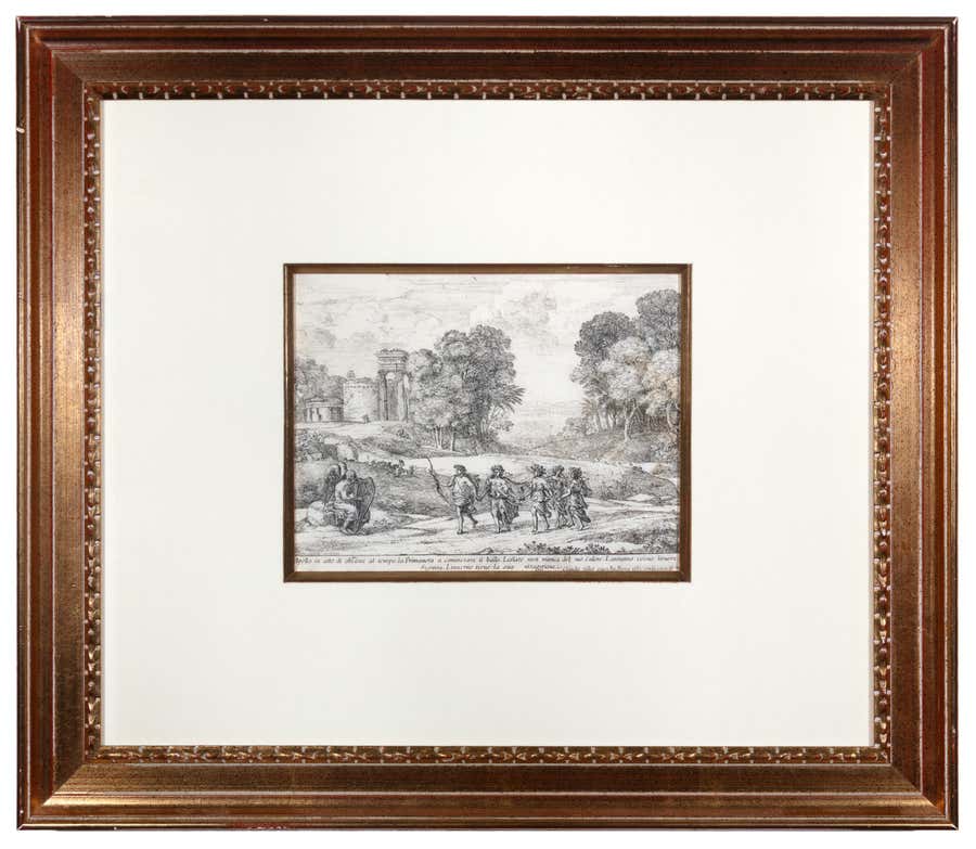 17th century etching black and white landscape scene forest trees figures sky