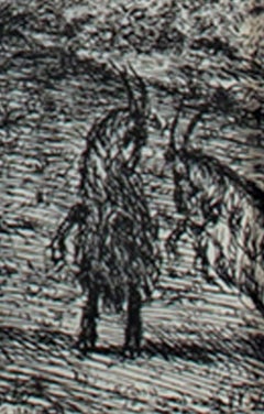 17th century etching black and white landscape scene forest trees goats