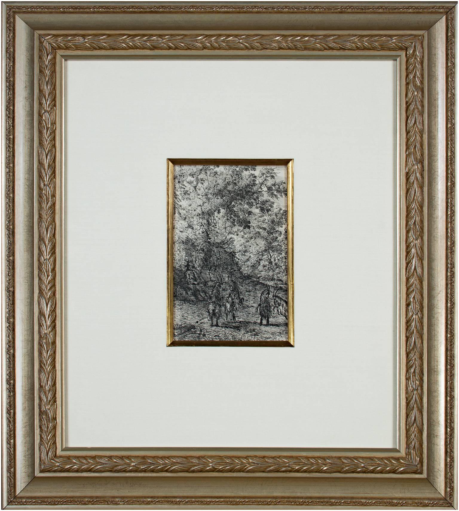 Grabado del siglo XVII escena paisajística en blanco y negro bosque árboles cabras en venta 1