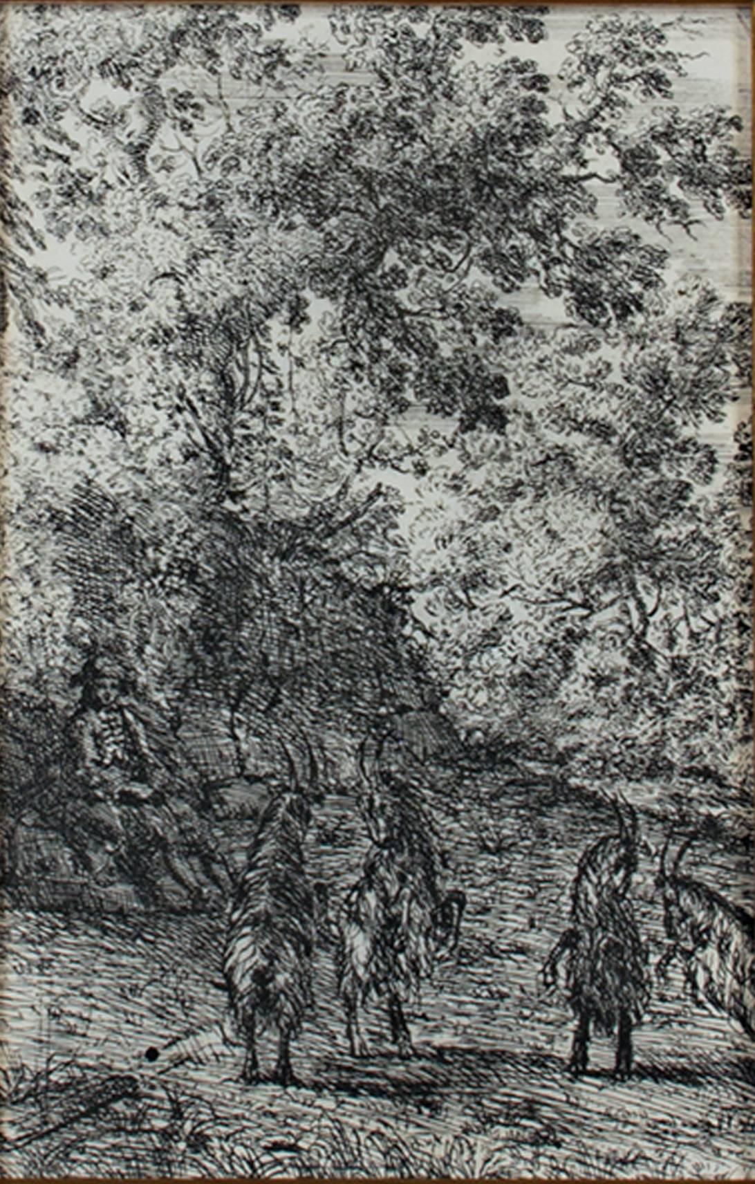 Claude Lorrain Animal Print - 17th century etching black and white landscape scene forest trees goats