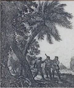 17th century etching black and white landscape scene forest trees figures
