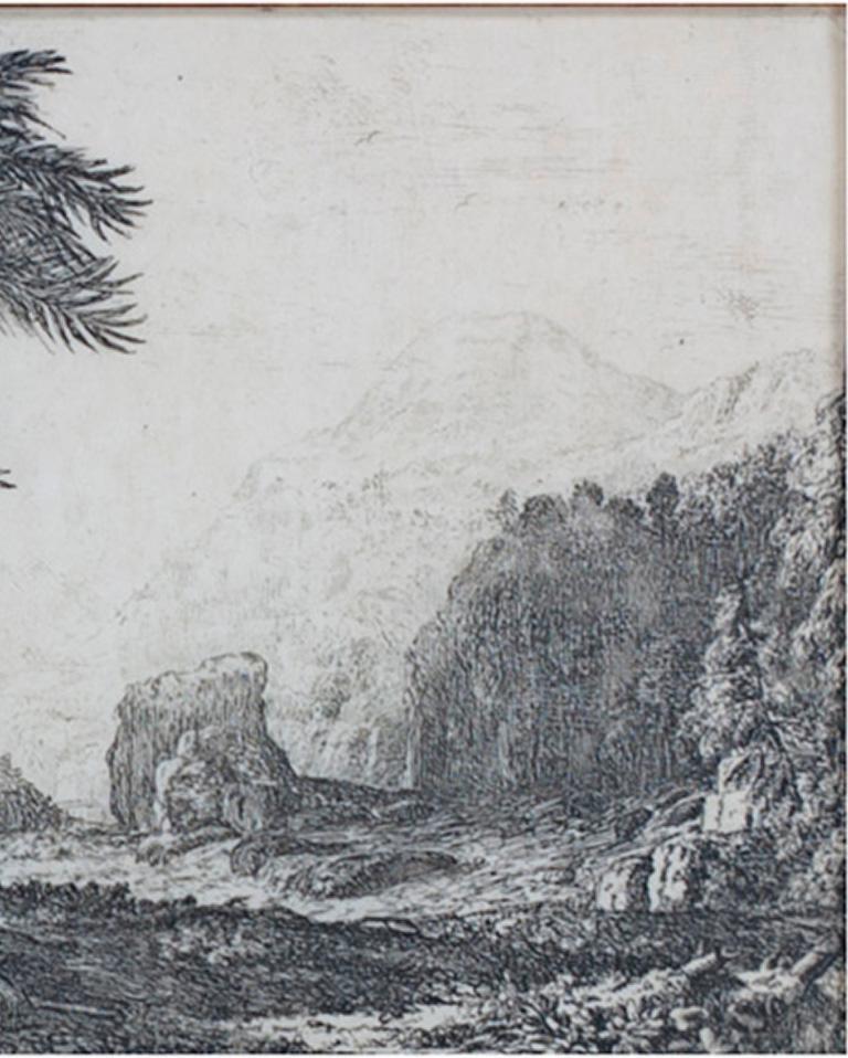 17th century etching black and white landscape scene forest trees figures - Old Masters Print by Claude Lorrain