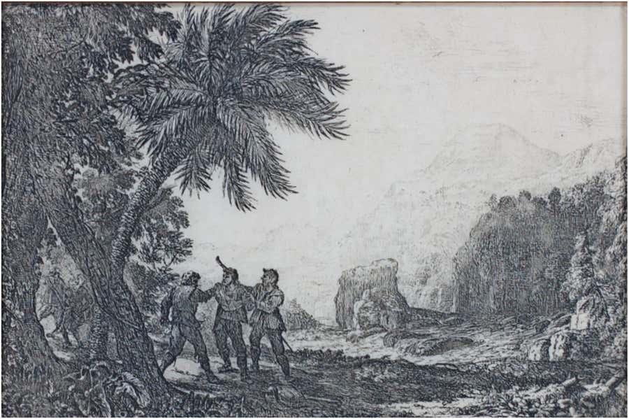 17th century etching black and white landscape scene forest trees figures