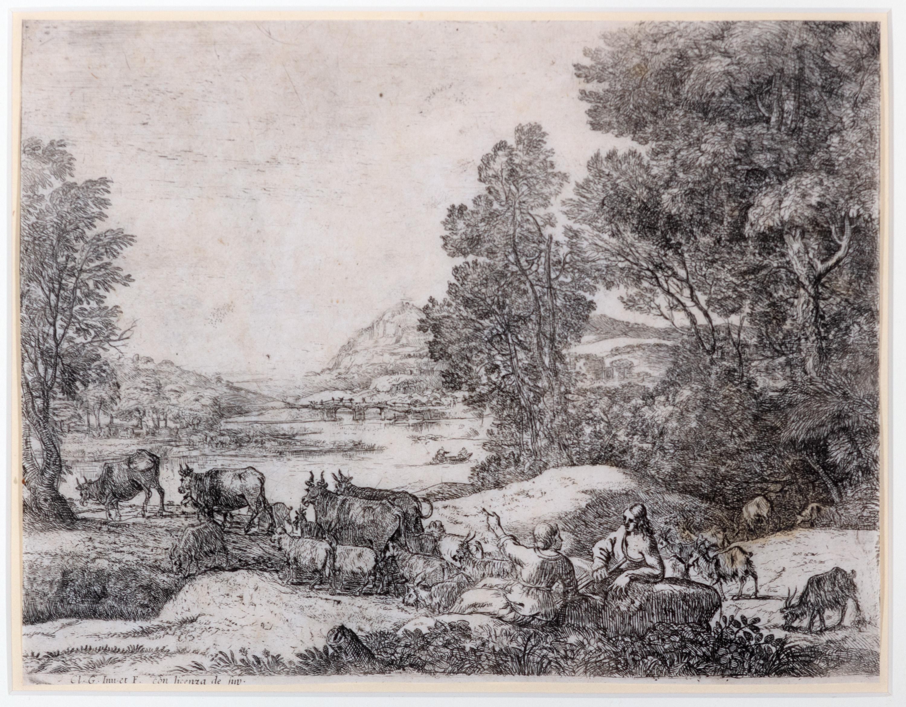 17th century etching black and white landscape scene forest sheep figures sky - Print by Claude Lorrain