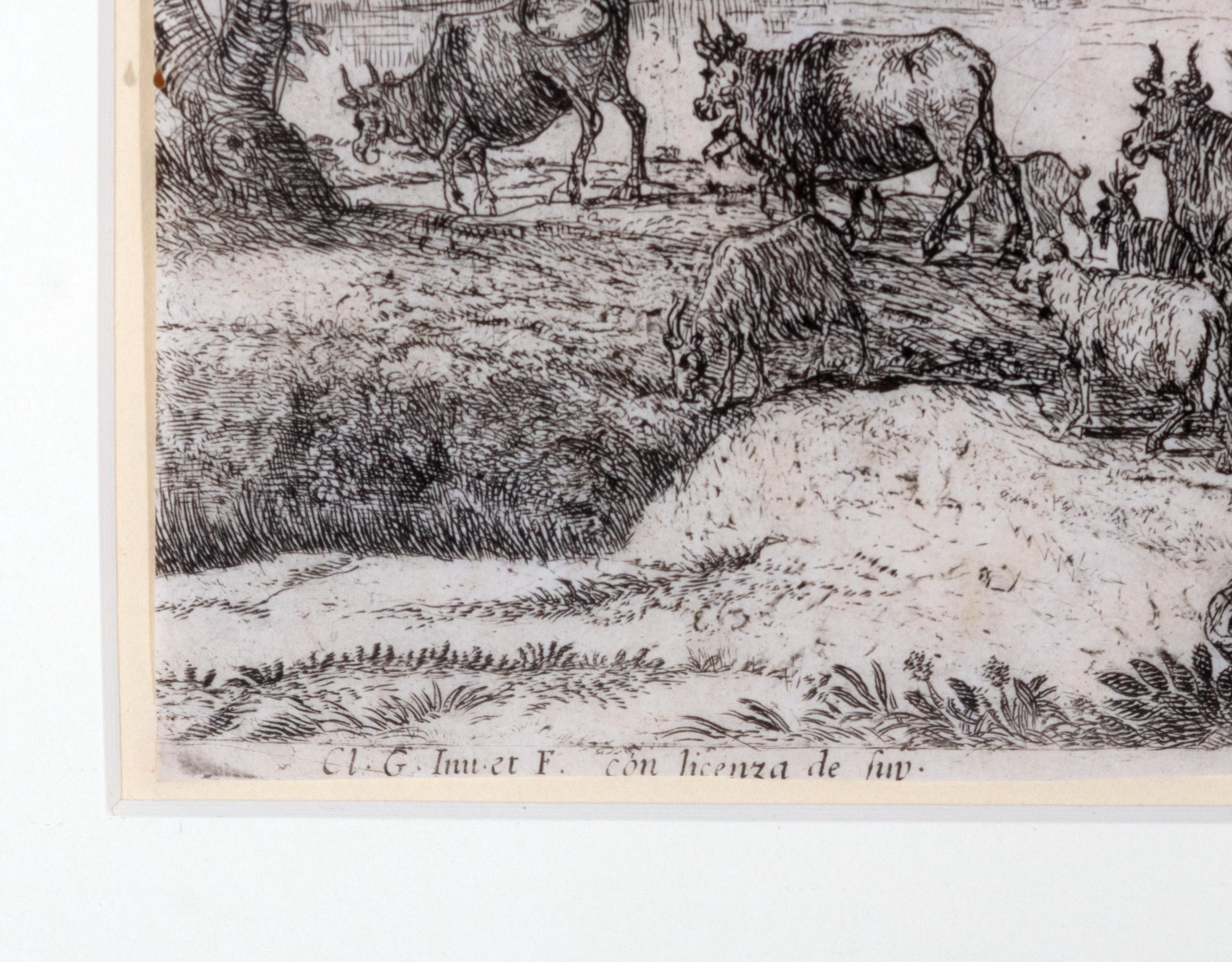 17th century etching black and white landscape scene forest sheep figures sky - Old Masters Print by Claude Lorrain