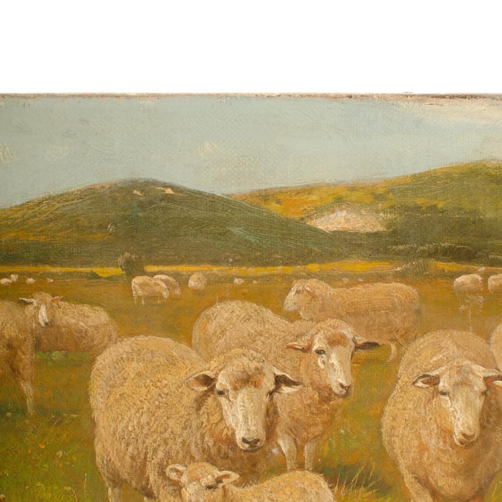 19th Century Claude Lorraine Clark (British, 1864 - 1937) Sheep in Pasture Oil Painting