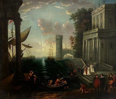 Fine Antique Classical Roman Landscape Figures Boats Merchant Port Ancient City