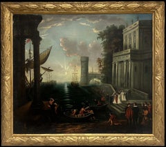 Feine antike klassische römische Landschaft Figuren Boote Handelshafen Antike Stadt