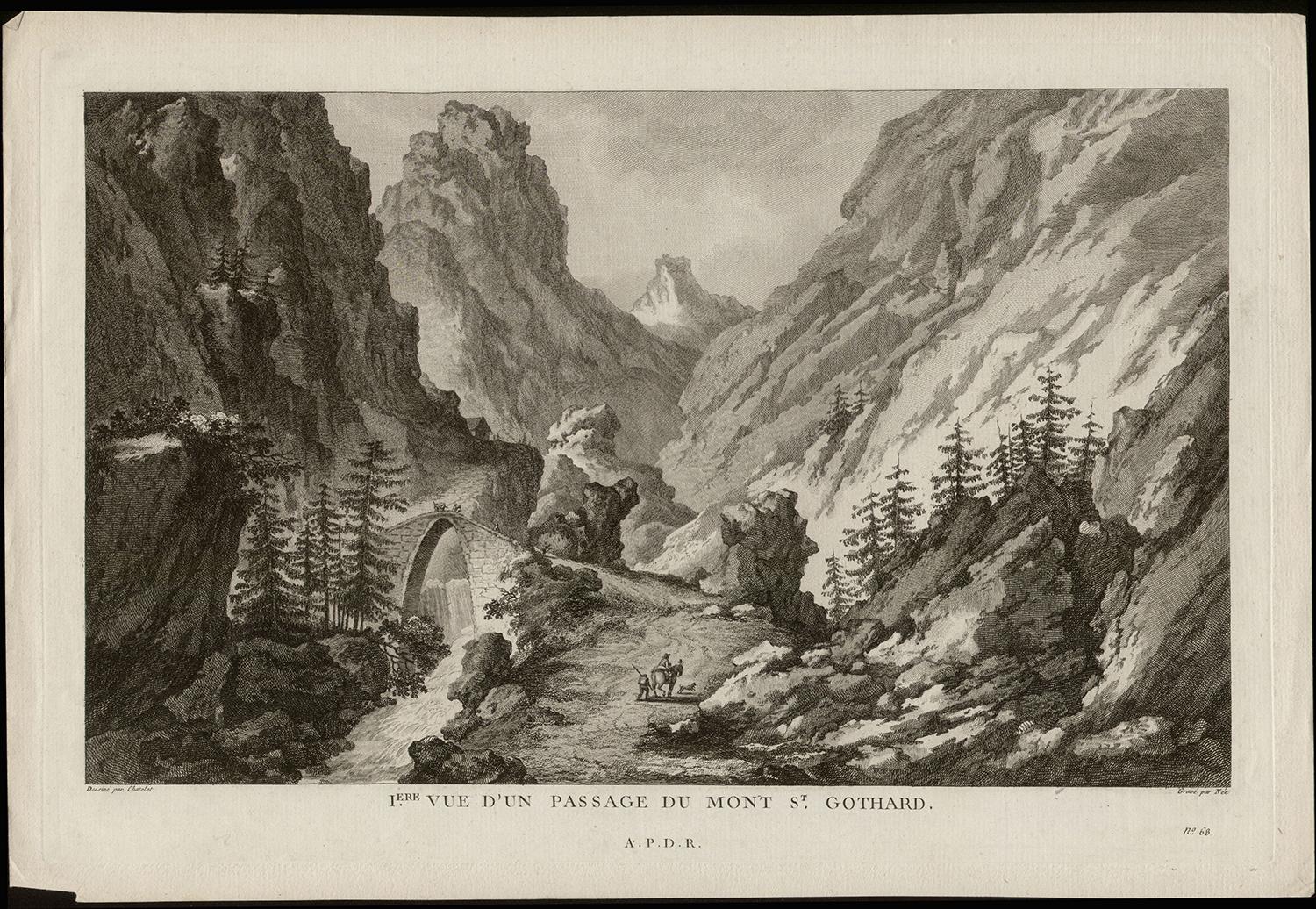 1.ère Vue d'un passage du Mont St. Gothard, Schweiz, Kupferstich, 1780 – Print von Claude Louis Chatelet