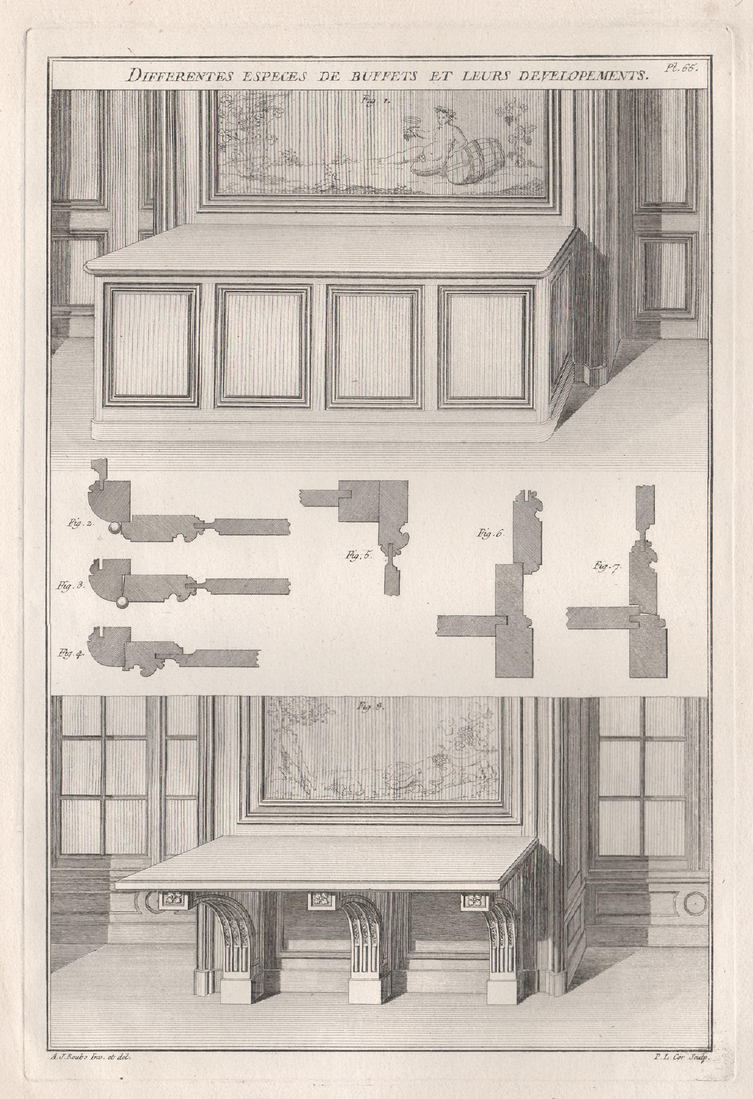 Claude Louis Chatelet Interior Print - Différentes Especes de Buffets et Leurs Developments, French design engraving