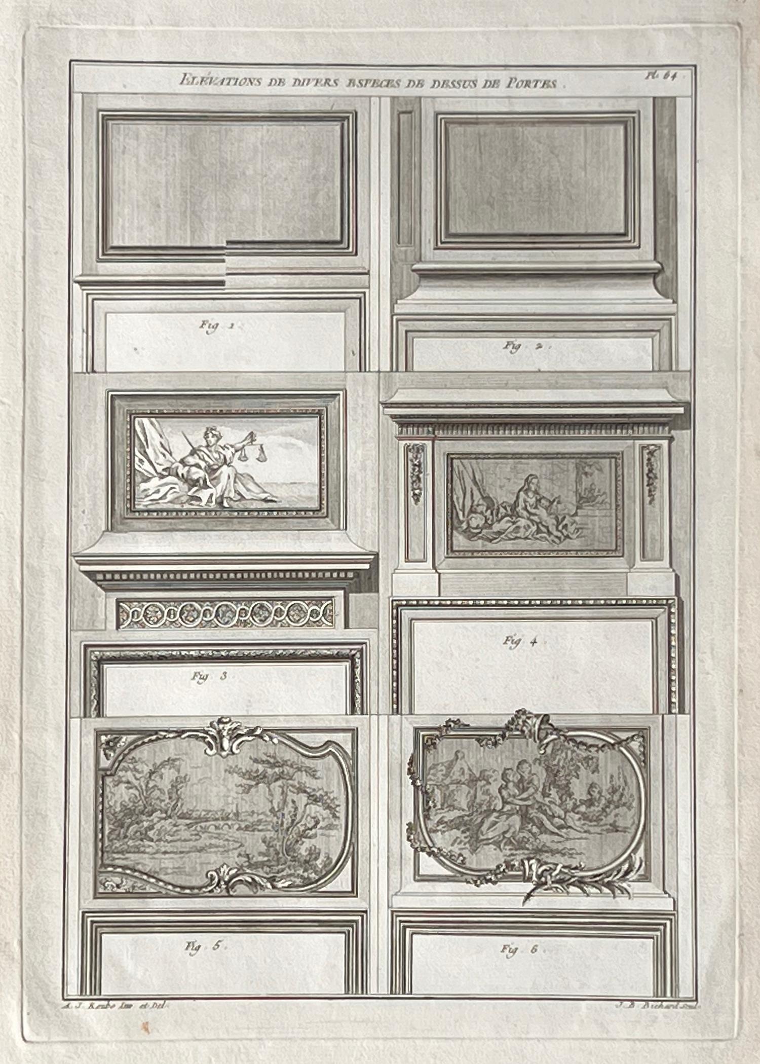 Claude Louis Chatelet Interior Print – Elevations de Divers Especes de Dessus de Portes, Roubo Französisches Design-Stickerei