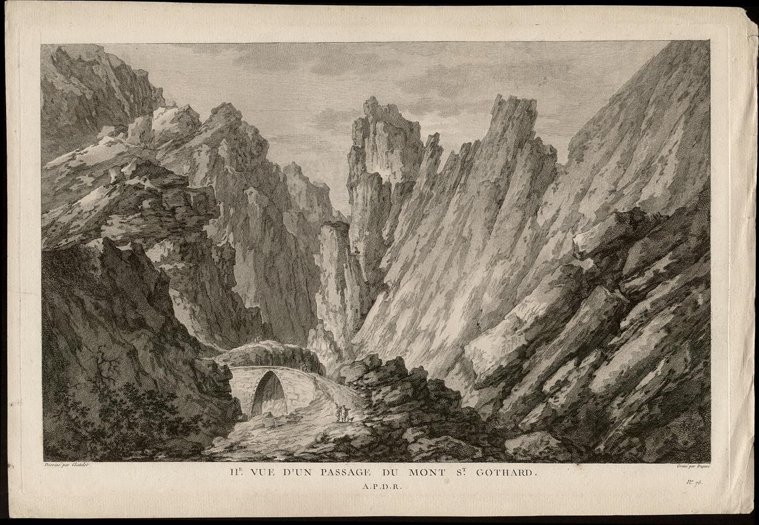 II. e Vue d'un passage du Mont St Gothard, Switzerland, engraving, 1780 - Print by Claude Louis Chatelet