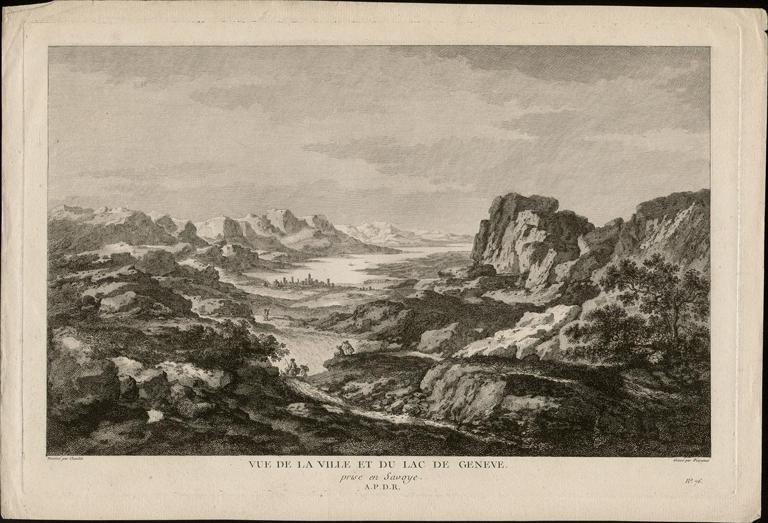 Vue de la Ville et du Lac de Geneve, Schweiz, Kupferstich, um 1780 – Print von Claude Louis Chatelet