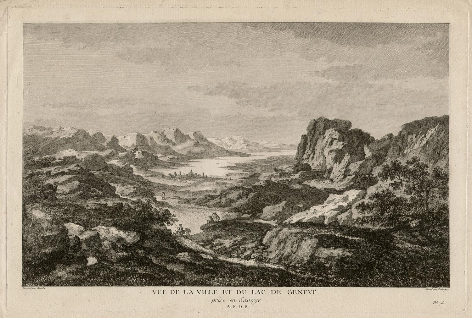 Claude Louis Chatelet Landscape Print – Vue de la Ville et du Lac de Geneve, Schweiz, Kupferstich, um 1780