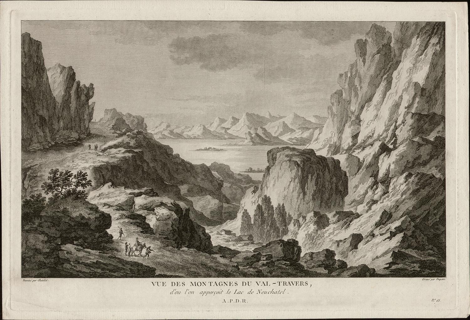 „Vue des Montagnes du Val-Travers“, Neuchatel, Schweiz, Kupferstich, 1780 – Print von Claude Louis Chatelet
