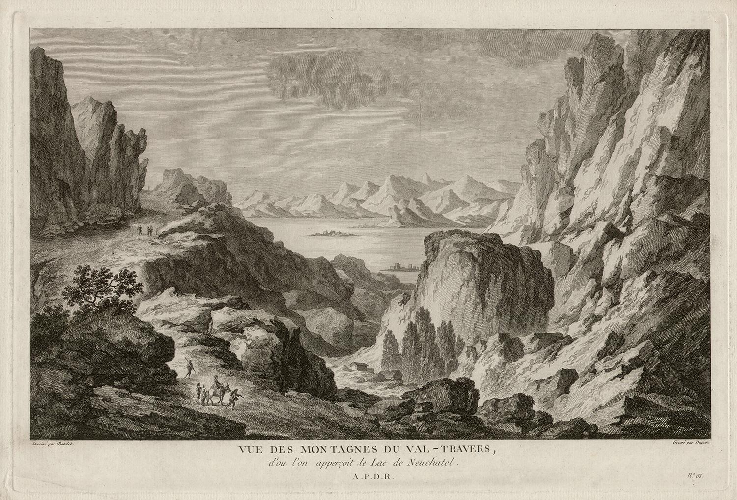Claude Louis Chatelet Landscape Print – „Vue des Montagnes du Val-Travers“, Neuchatel, Schweiz, Kupferstich, 1780