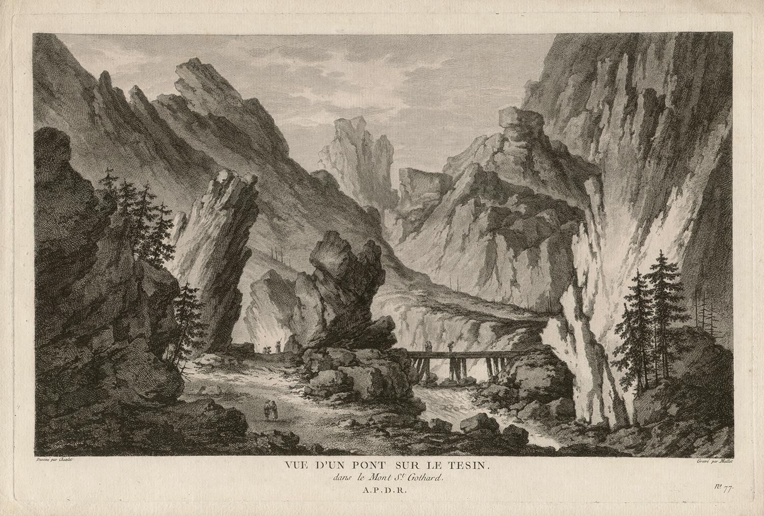 Claude Louis Chatelet Landscape Print - Vue d'un pont sur le Tesin dans le Mont St Gothard, Switzerland, engraving, 1780