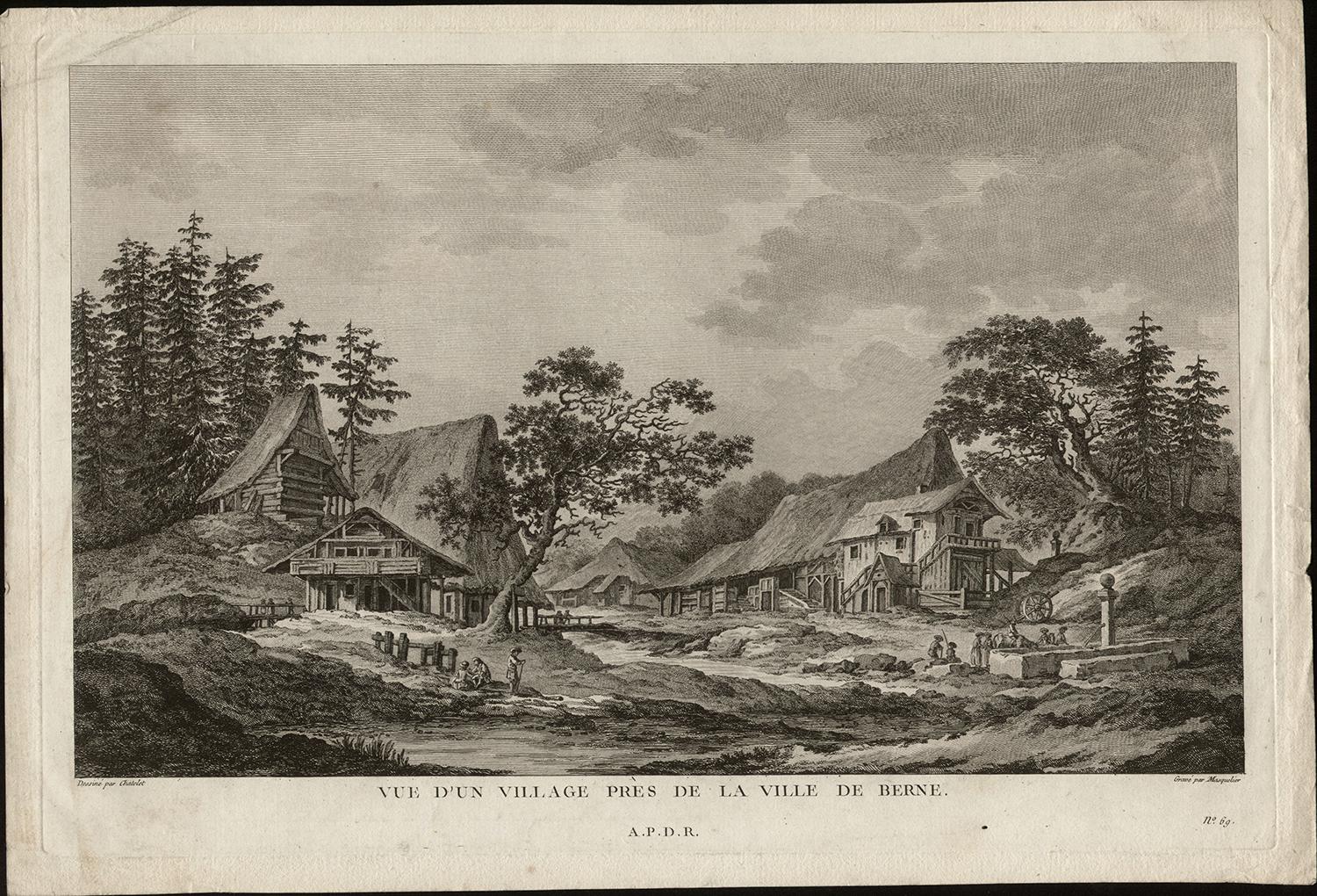Vue d'un Village près de la Ville de Berne, Switzerland, engraving, 1780 - Print by Claude Louis Chatelet