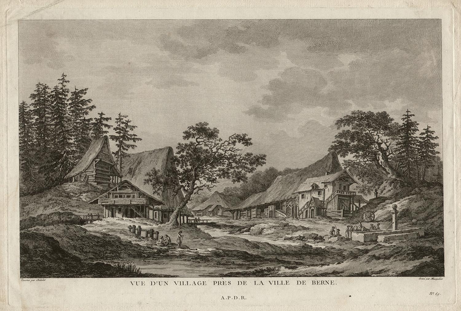 Claude Louis Chatelet Landscape Print - Vue d'un Village près de la Ville de Berne, Switzerland, engraving, 1780
