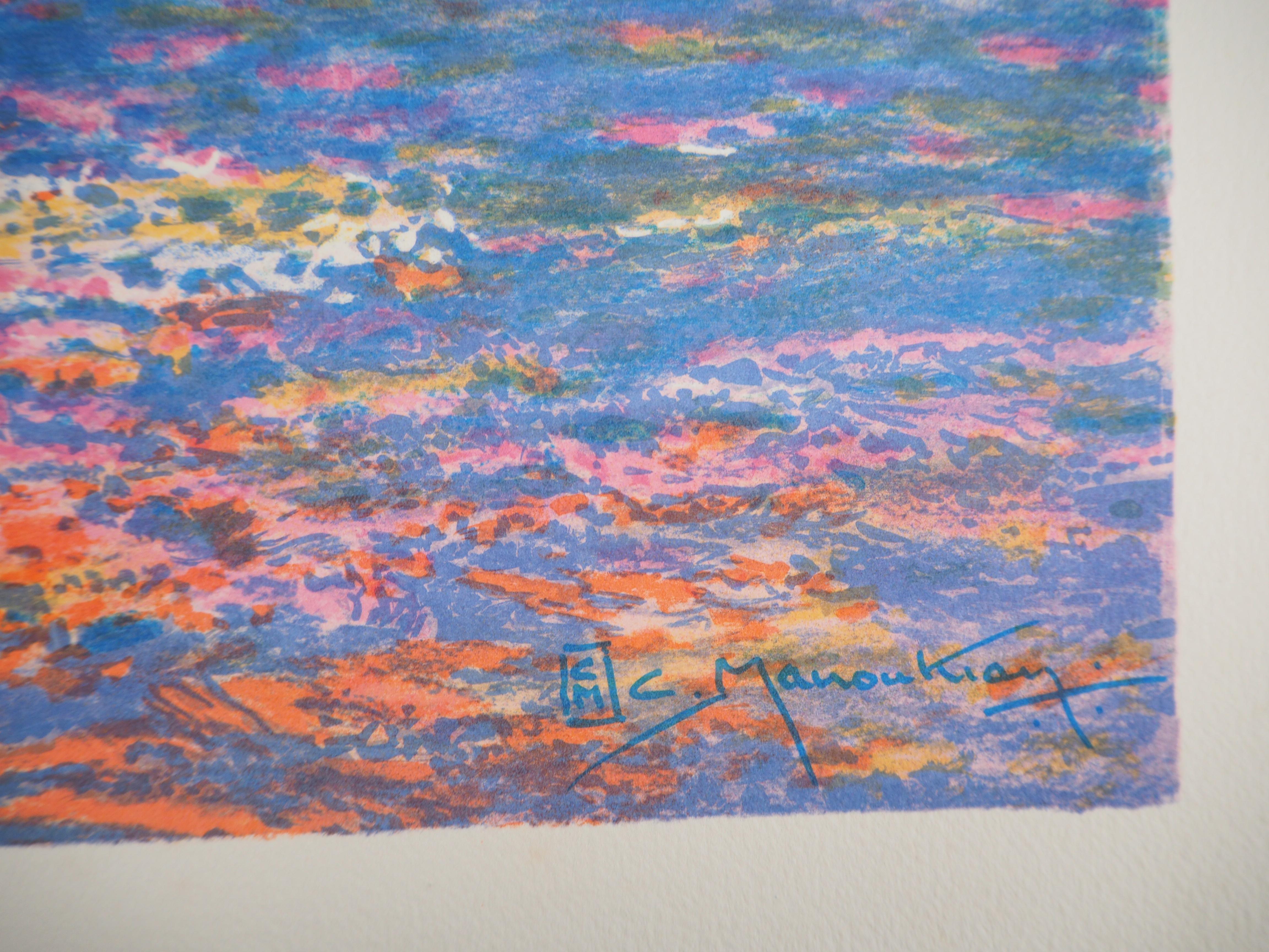 Paisaje marino de Bretaña al atardecer - Litografía original - Print de Claude Manoukian