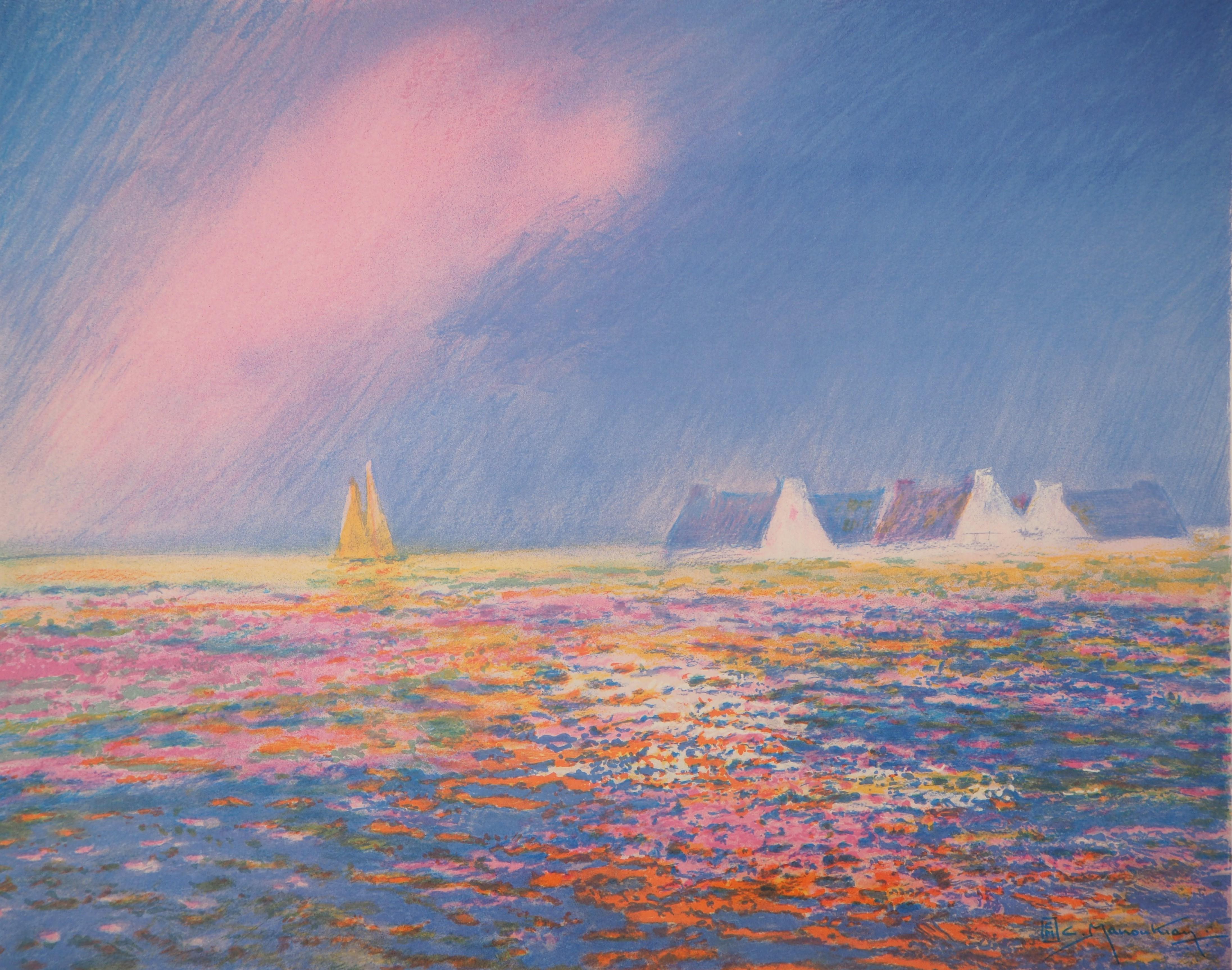 Paisaje marino de Bretaña al atardecer - Litografía original - Print Posimpresionista de Claude Manoukian