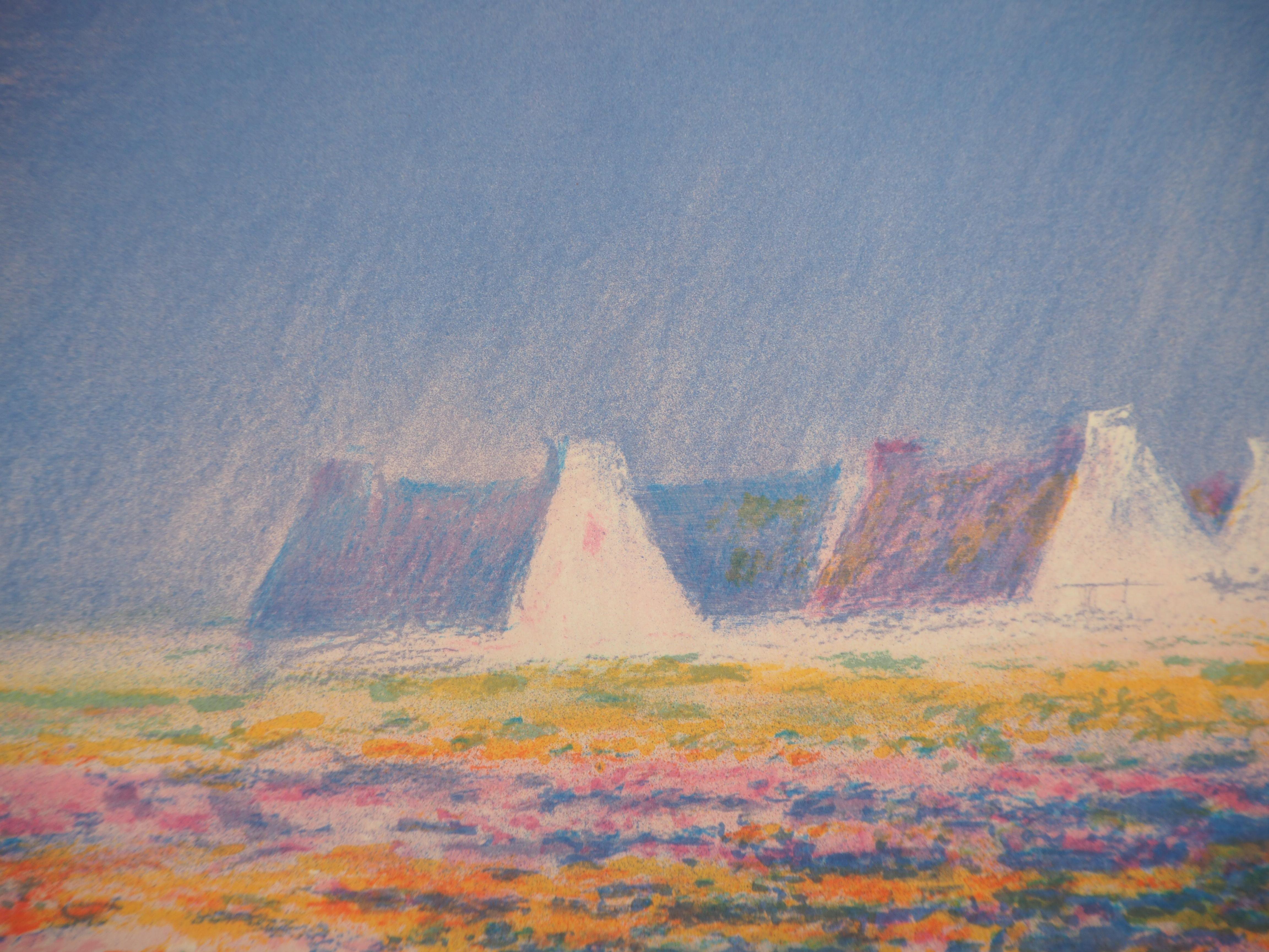 Paisaje marino de Bretaña al atardecer - Litografía original en venta 1