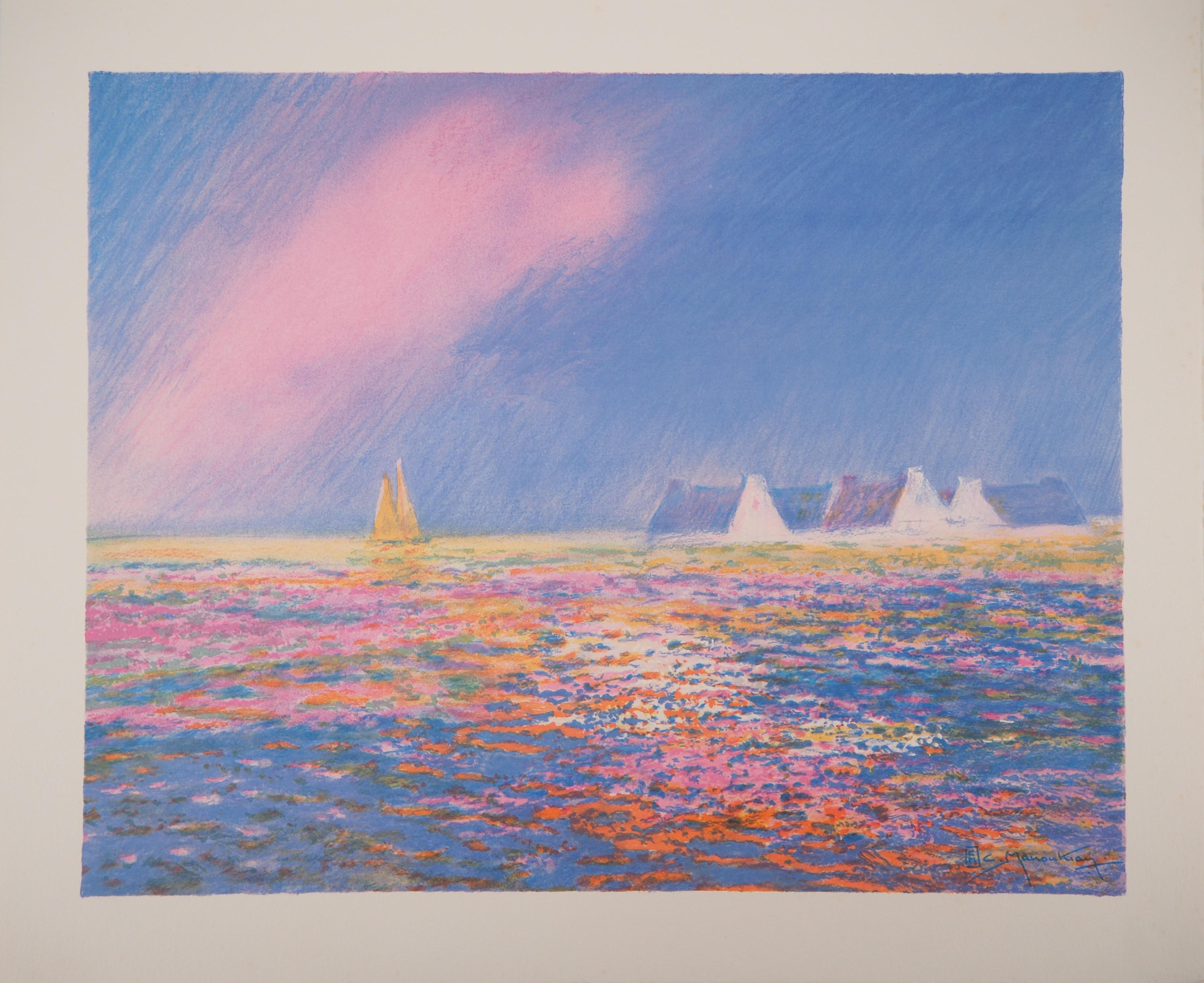 Claude Manoukian Landscape Print - Brittany Seascape at the Sunset - Original lithograph
