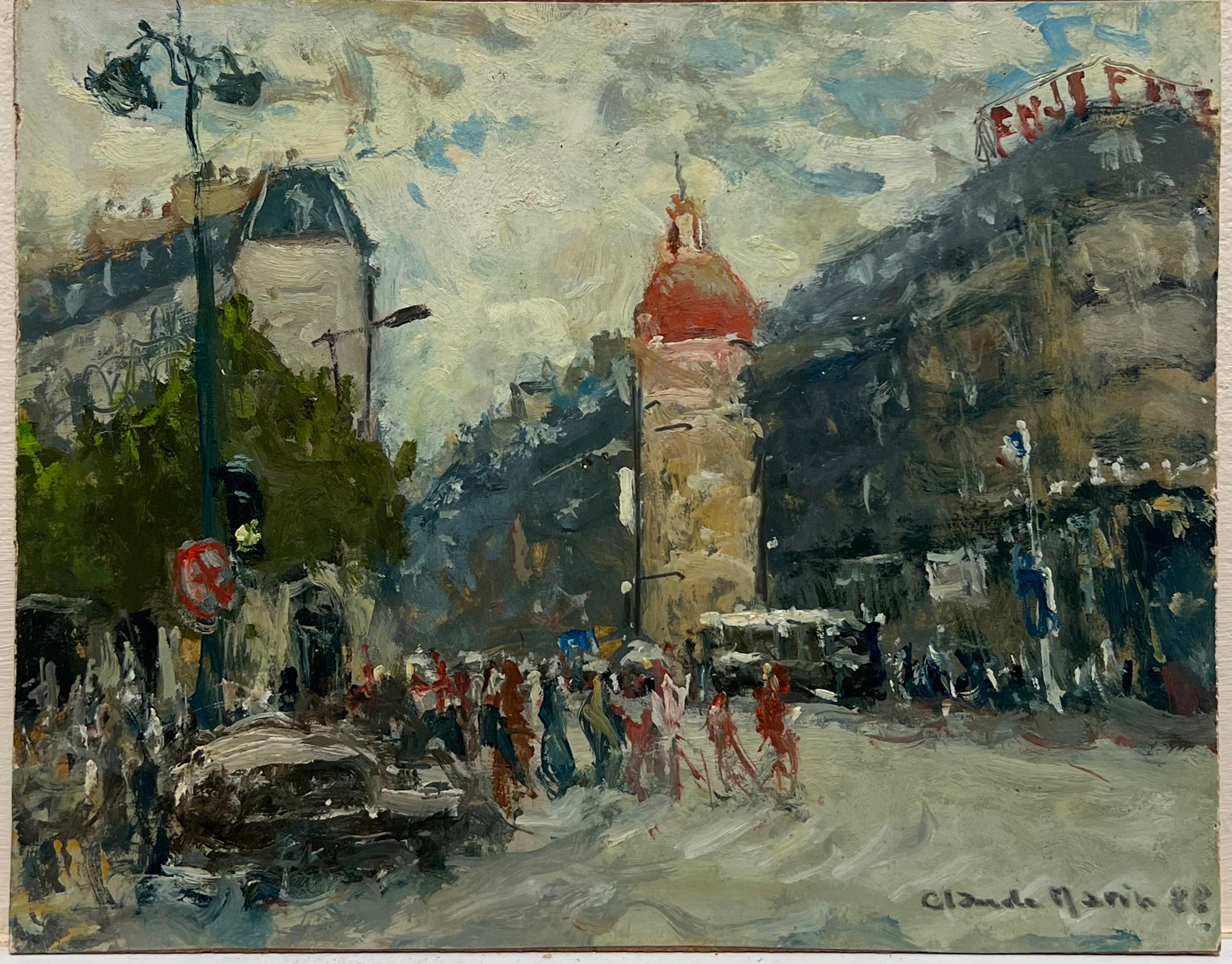 Siglo XX Óleo Impresionista Francés Firmado Ocupado París Escena Callejera Figuras - Painting de Claude Marin