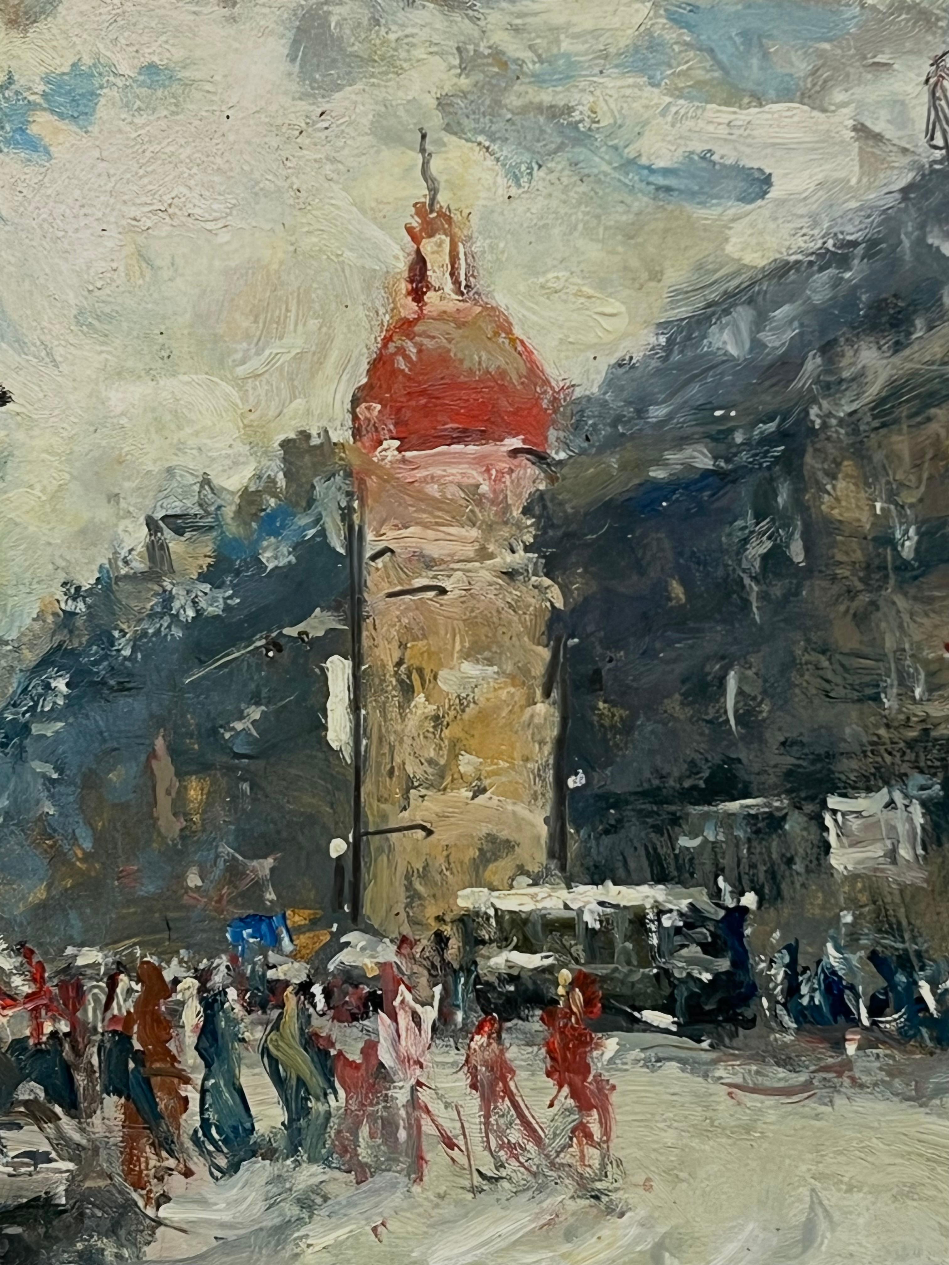 Siglo XX Óleo Impresionista Francés Firmado Ocupado París Escena Callejera Figuras - Landscape Painting Negro de Claude Marin