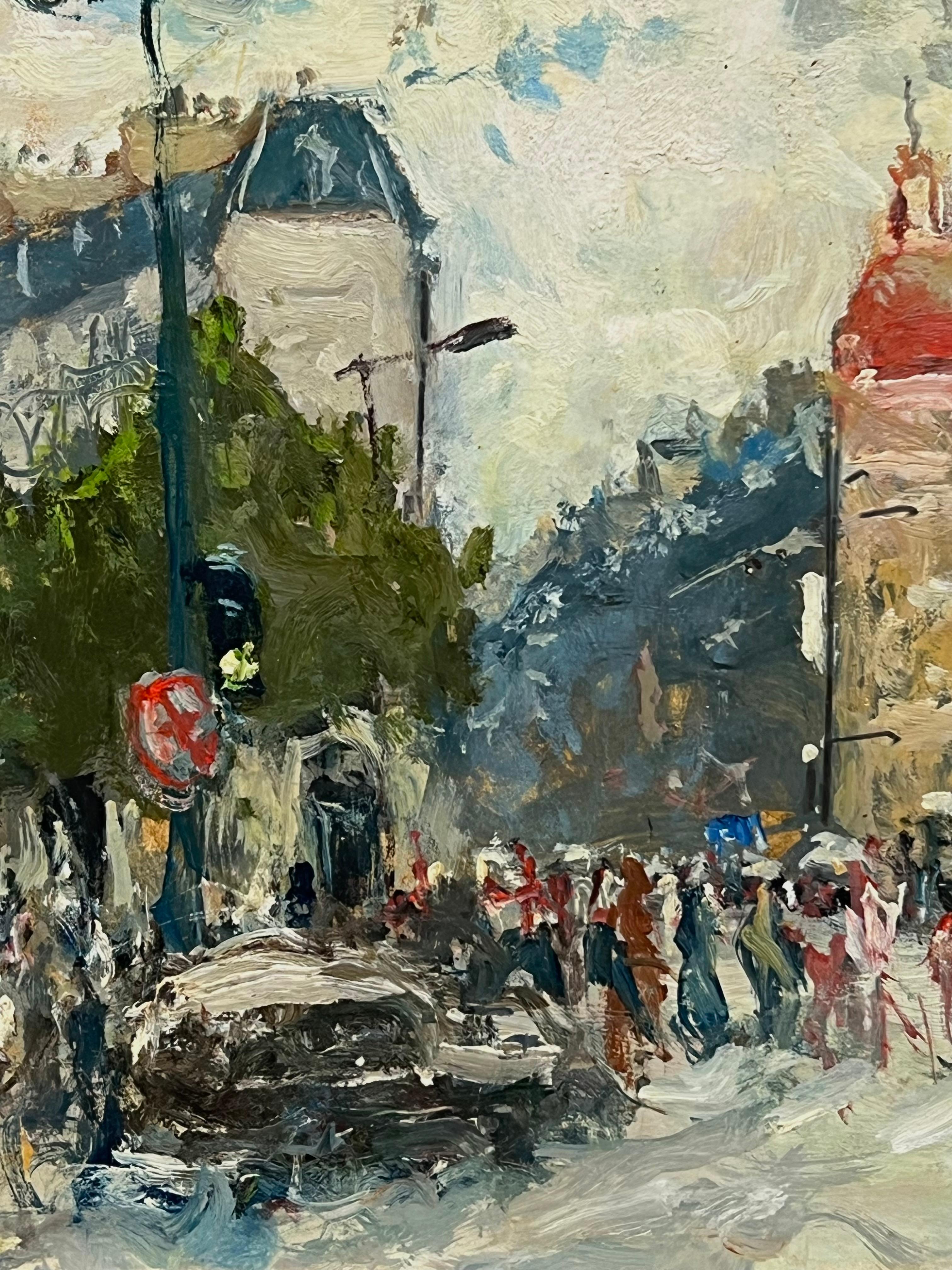Siglo XX Óleo Impresionista Francés Firmado Ocupado París Escena Callejera Figuras en venta 1