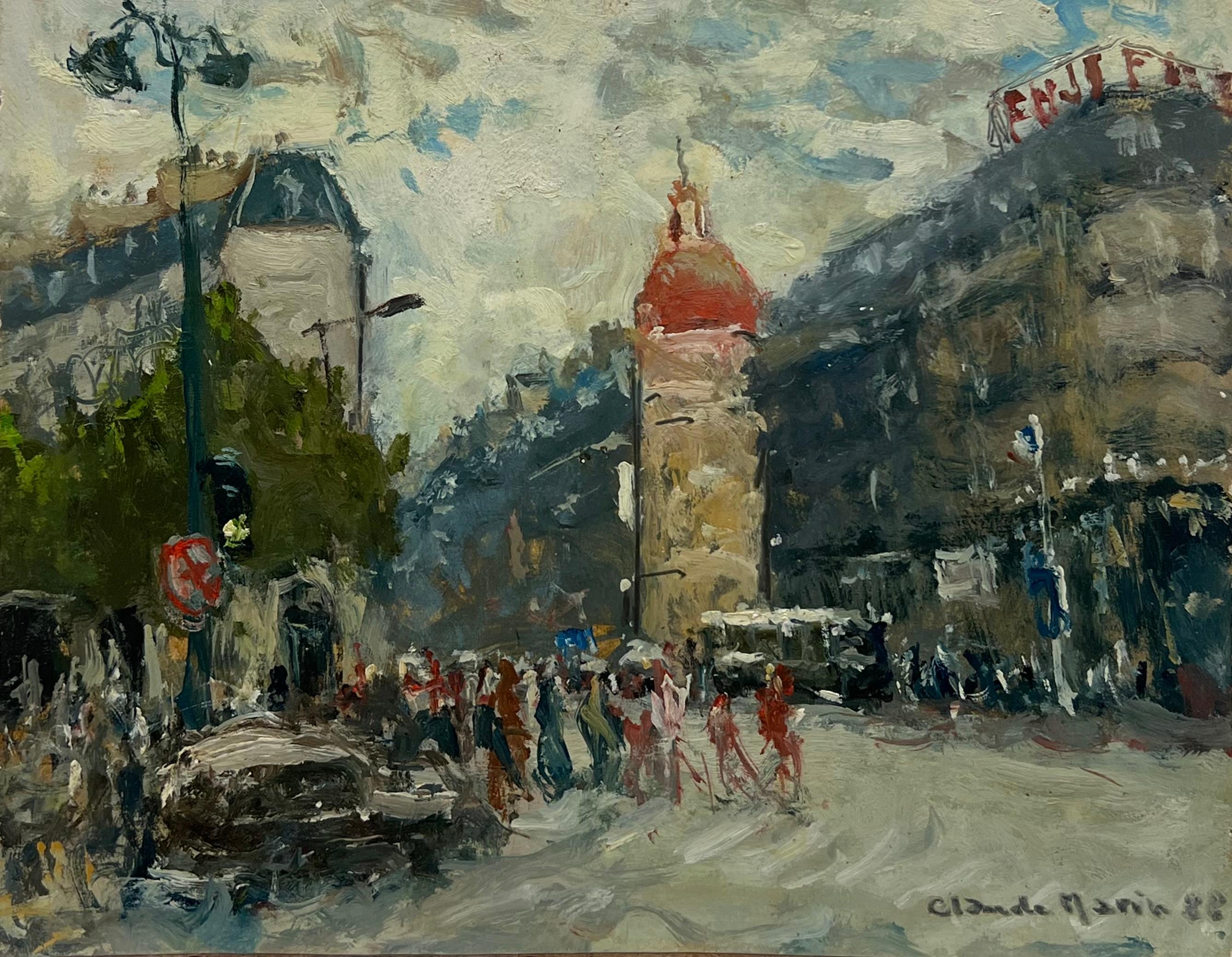 Landscape Painting de Claude Marin - Siglo XX Óleo Impresionista Francés Firmado Ocupado París Escena Callejera Figuras
