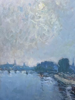 Tableau impressionniste français du 20ème siècle signé River Seine Paris Skyline