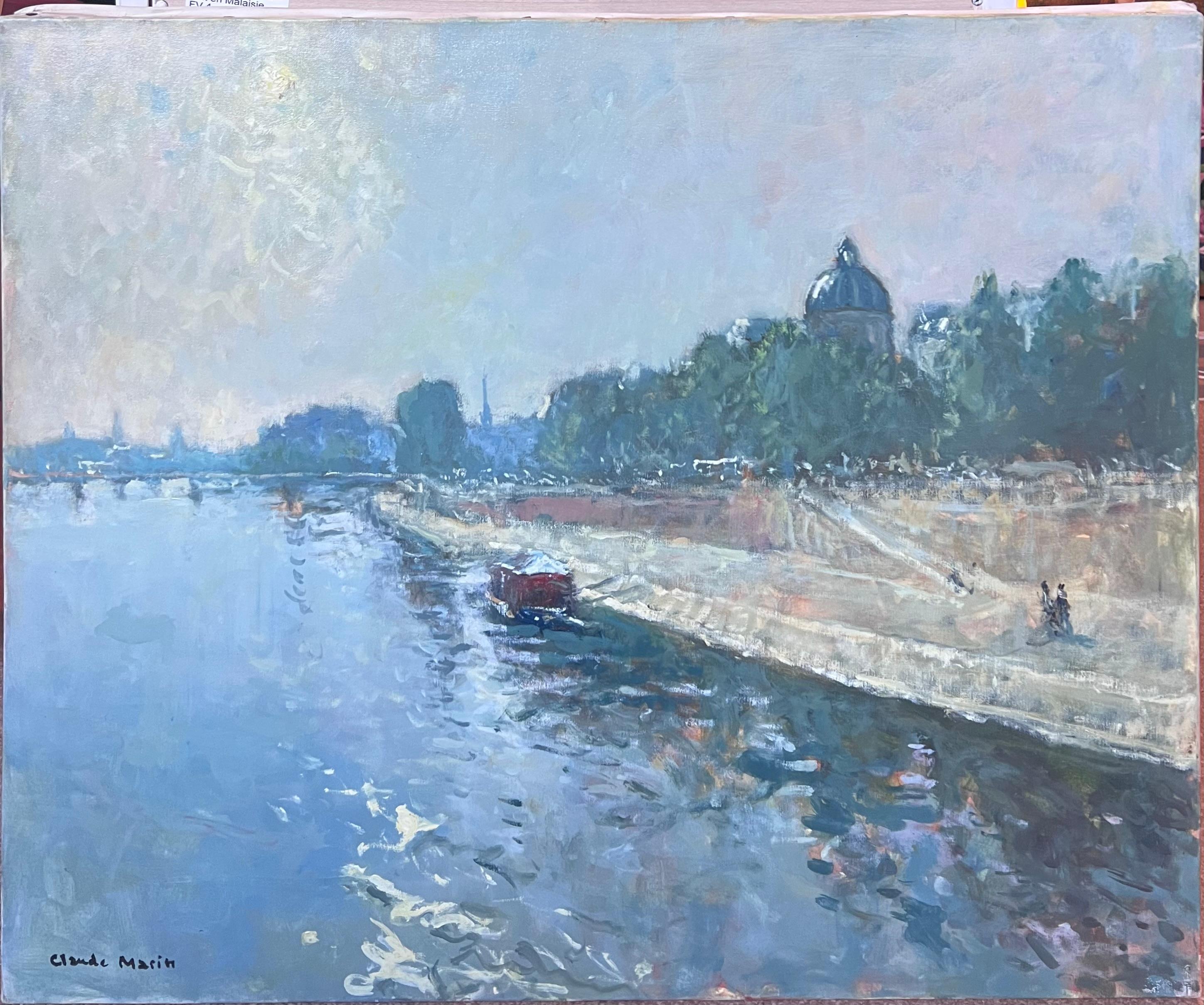 Olio firmato da un impressionista francese del XX secolo sul fiume Senna e il paesaggio di Parigi - Figurative Painting Blu di Claude Marin