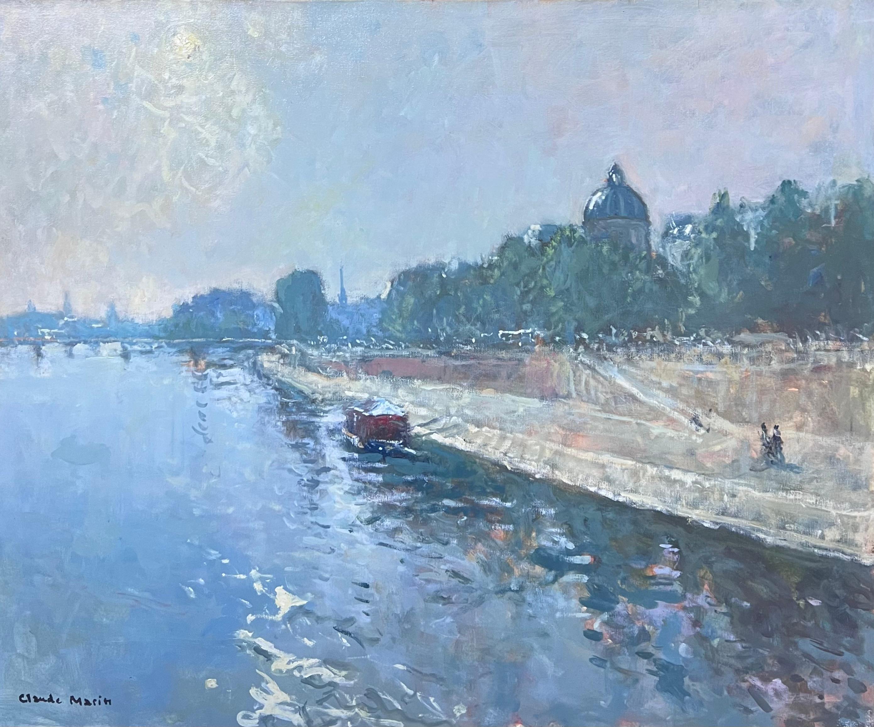 Figurative Painting di Claude Marin - Olio firmato da un impressionista francese del XX secolo sul fiume Senna e il paesaggio di Parigi