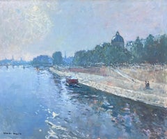 20th Century French Impressionist Signed Oil River Seine Paris Skyline