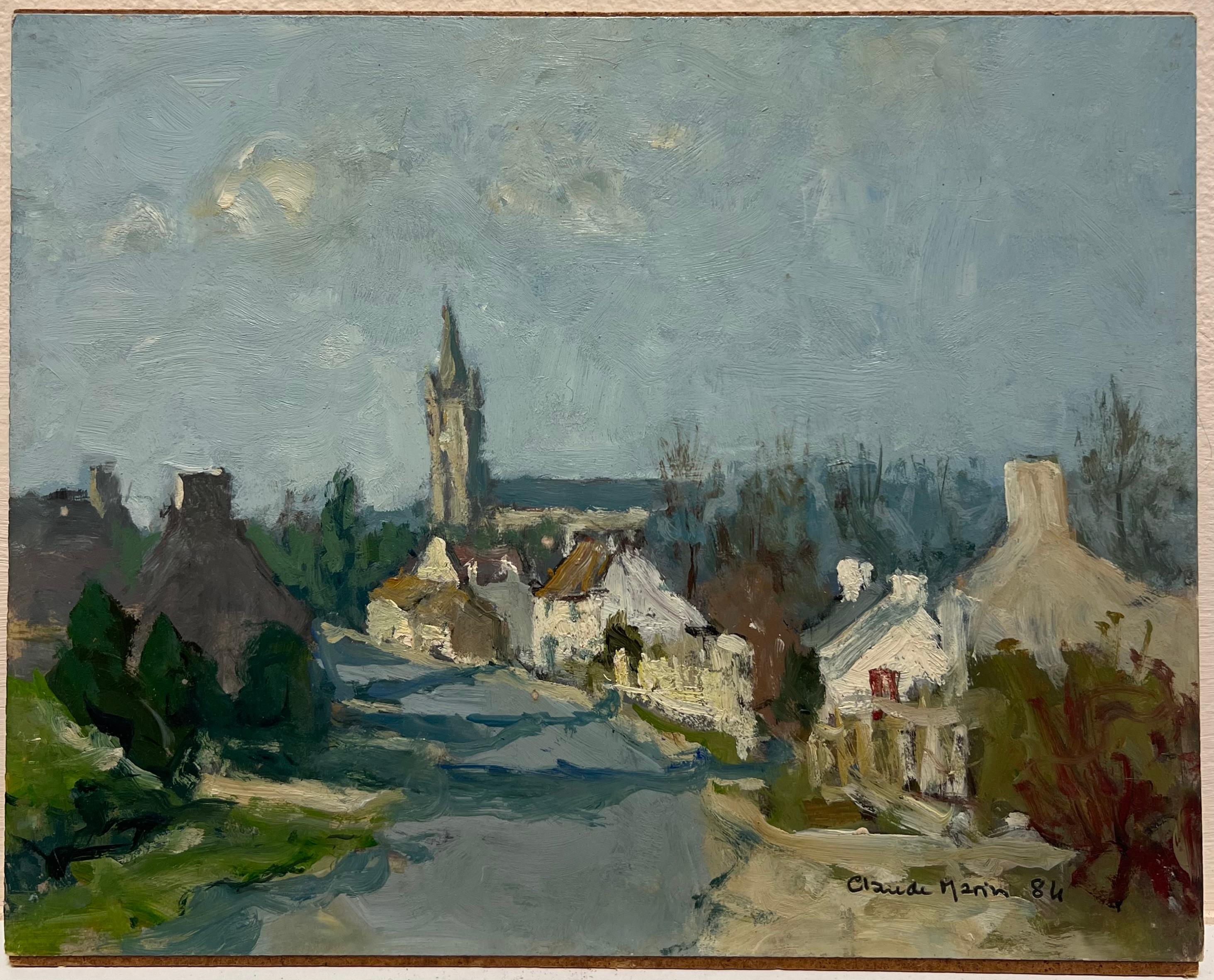 Siglo XX Óleo Impresionista Francés Firmado Carretera y Casas de Pueblo Rural Francés - Painting de Claude Marin