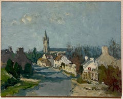 Huile impressionniste française du 20e siècle, signée, rurale, village et maisons