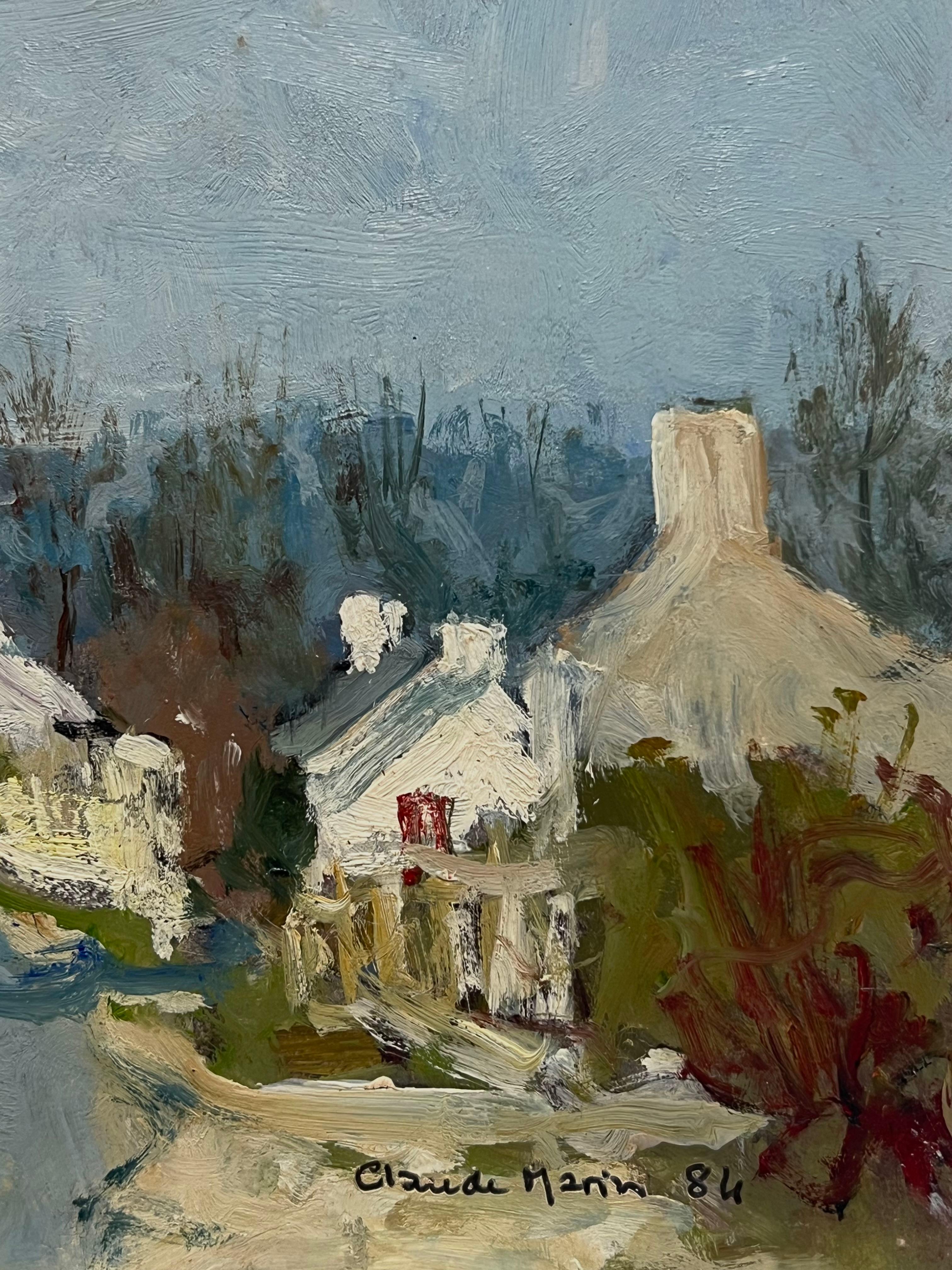 Siglo XX Óleo Impresionista Francés Firmado Carretera y Casas de Pueblo Rural Francés - Landscape Painting Gris de Claude Marin