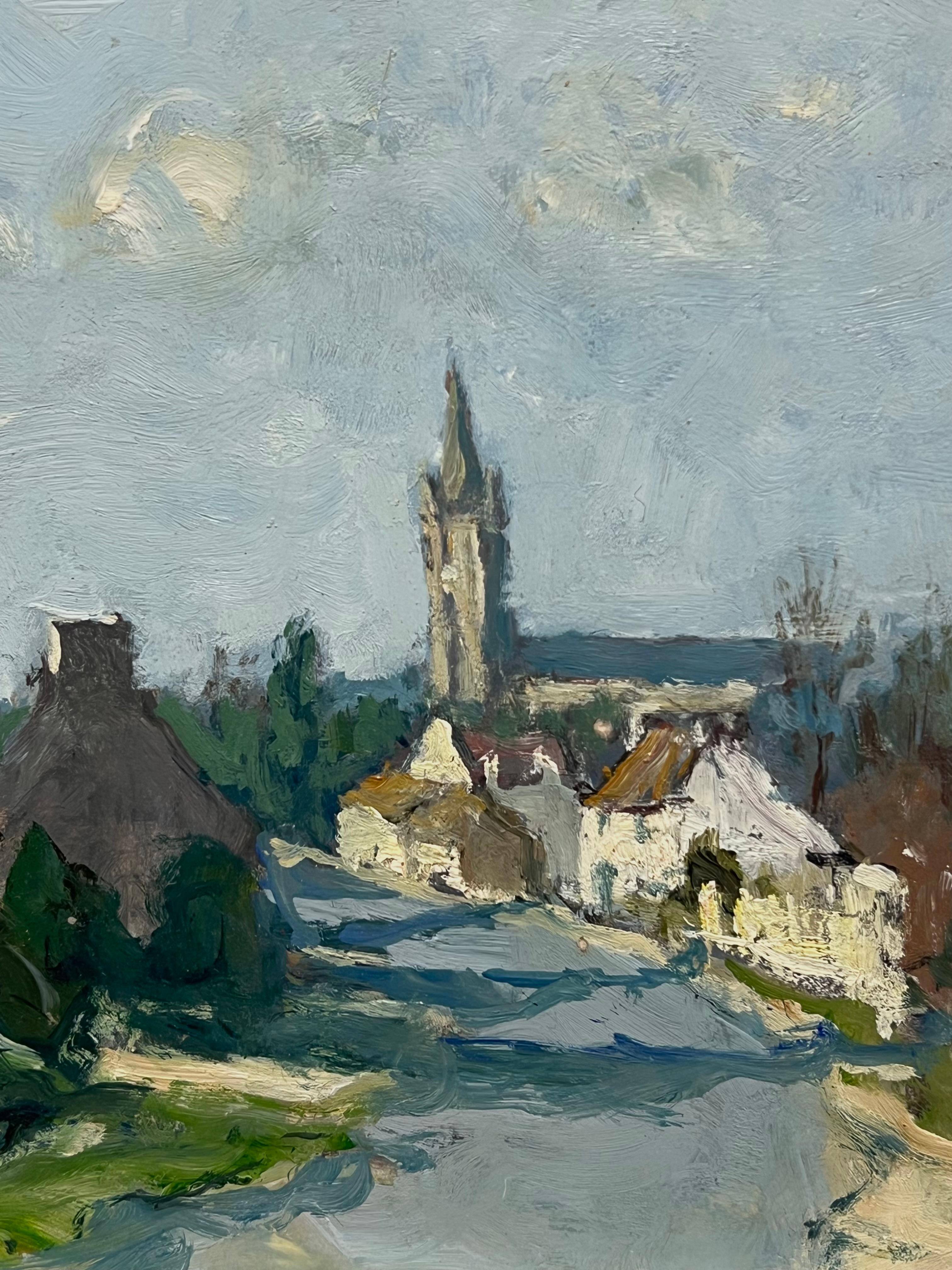 La Vieja Ciudad Francesa
de Claude Marin (francés 1914-2001)
firmado y fechado 84
óleo sobre cartulina de artista pegada sobre tabla, sin enmarcar
tablero: 7,5 x 9,5 pulgadas
Procedencia: colección privada, París, Francia
Estado: muy buen
