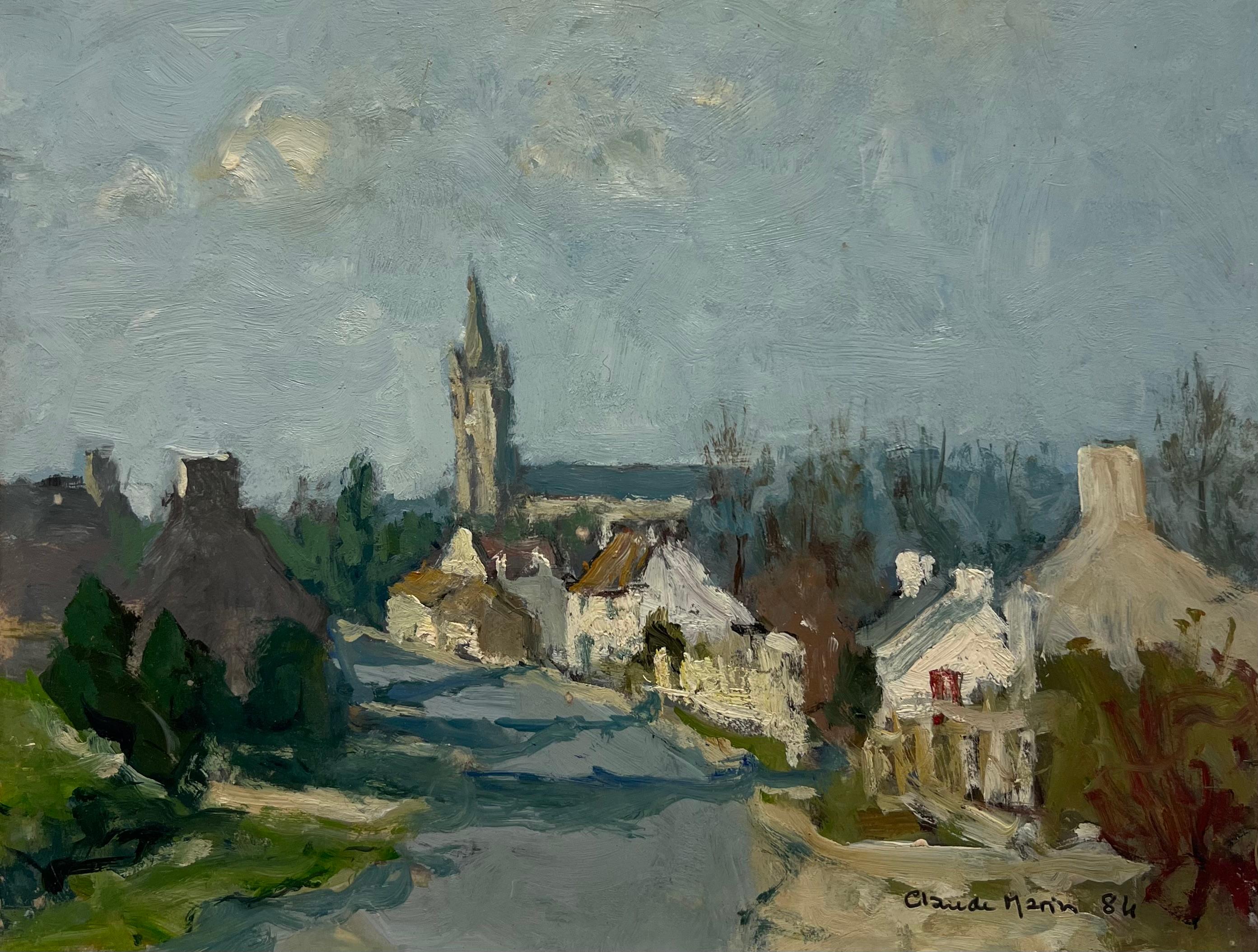 Landscape Painting de Claude Marin - Siglo XX Óleo Impresionista Francés Firmado Carretera y Casas de Pueblo Rural Francés